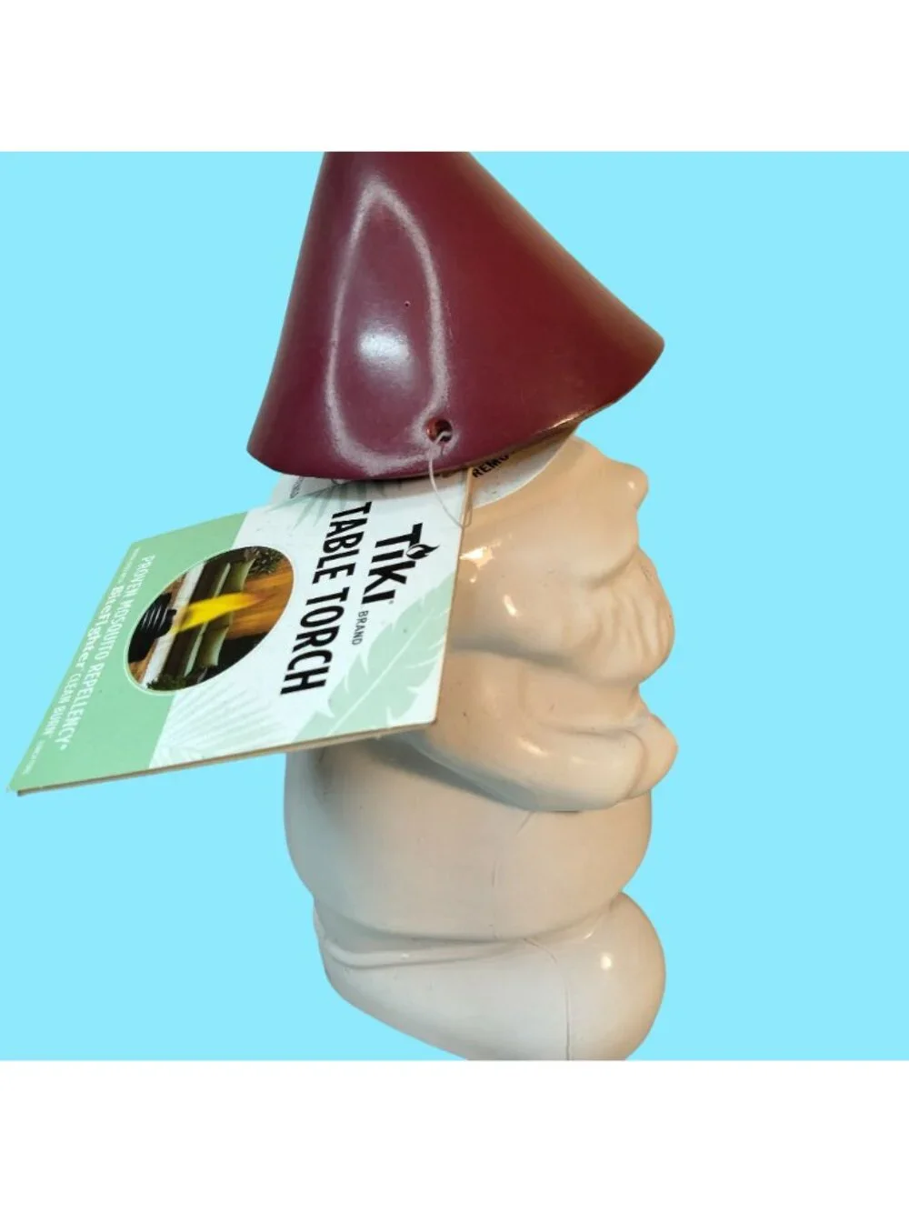 Tiki Table Torch Gnome White Ceramic Red Hat